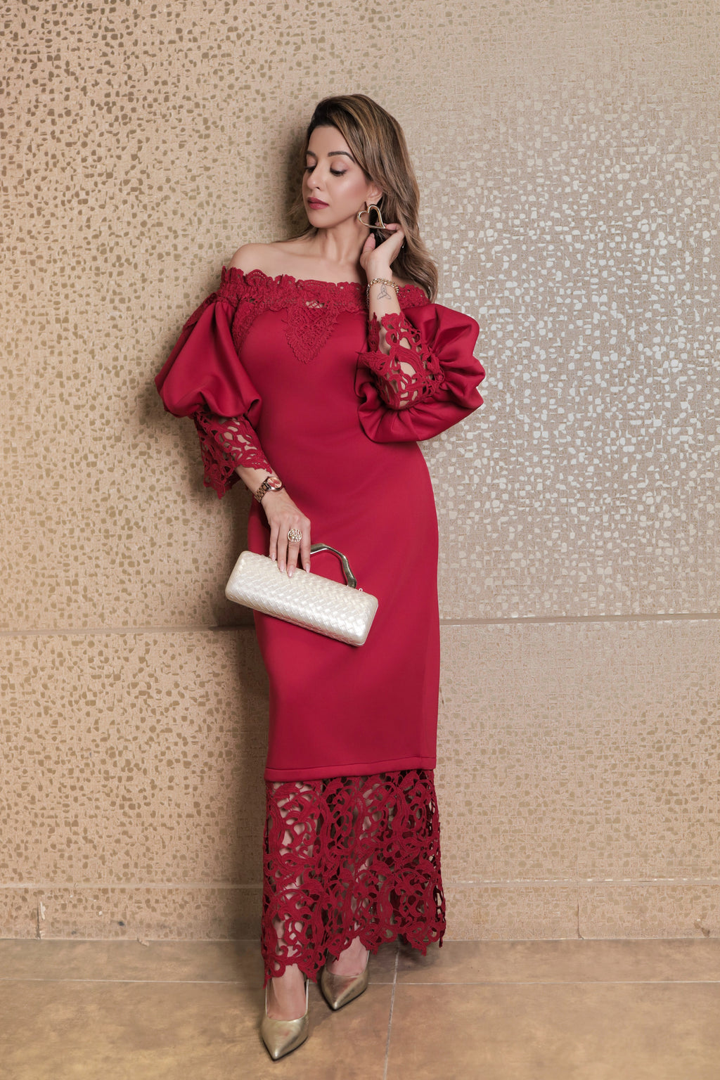Lace Detail Off-Shoulder Midi Dress - Red