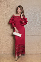 Lace Detail Off-Shoulder Midi Dress - Red