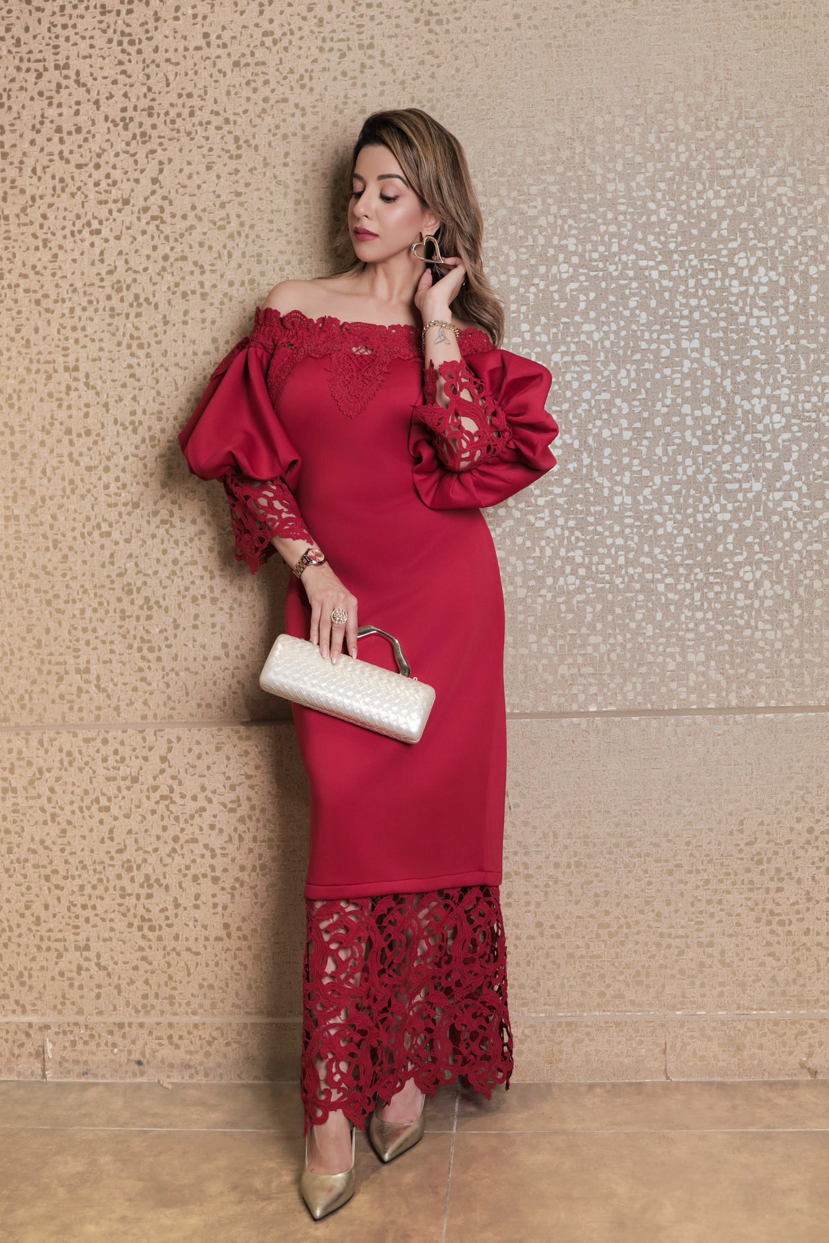 Lace Detail Off-Shoulder Midi Dress - Red