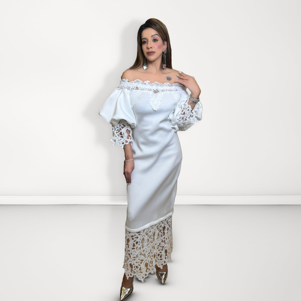 Lace Detail Off-Shoulder Midi Dress - White
