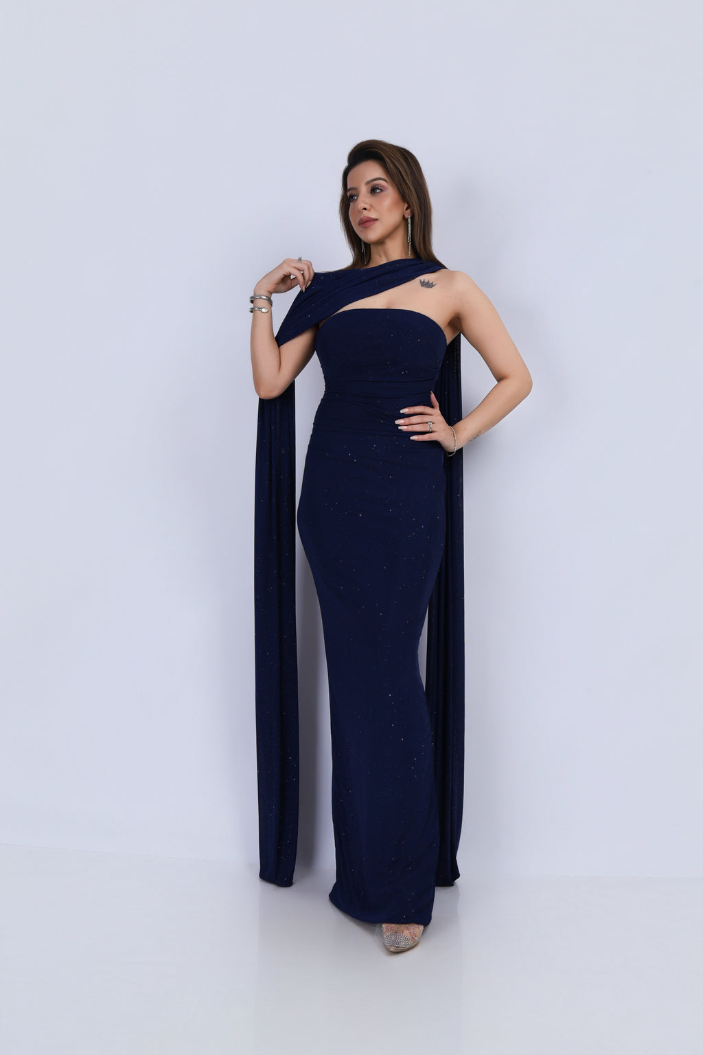 Shimmer Tube Gown with Dupatta - Navy Blue