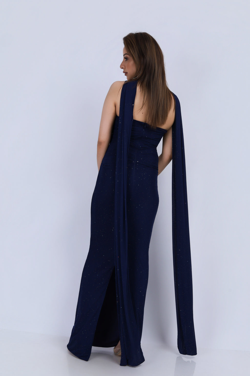 Shimmer Tube Gown with Dupatta - Navy Blue