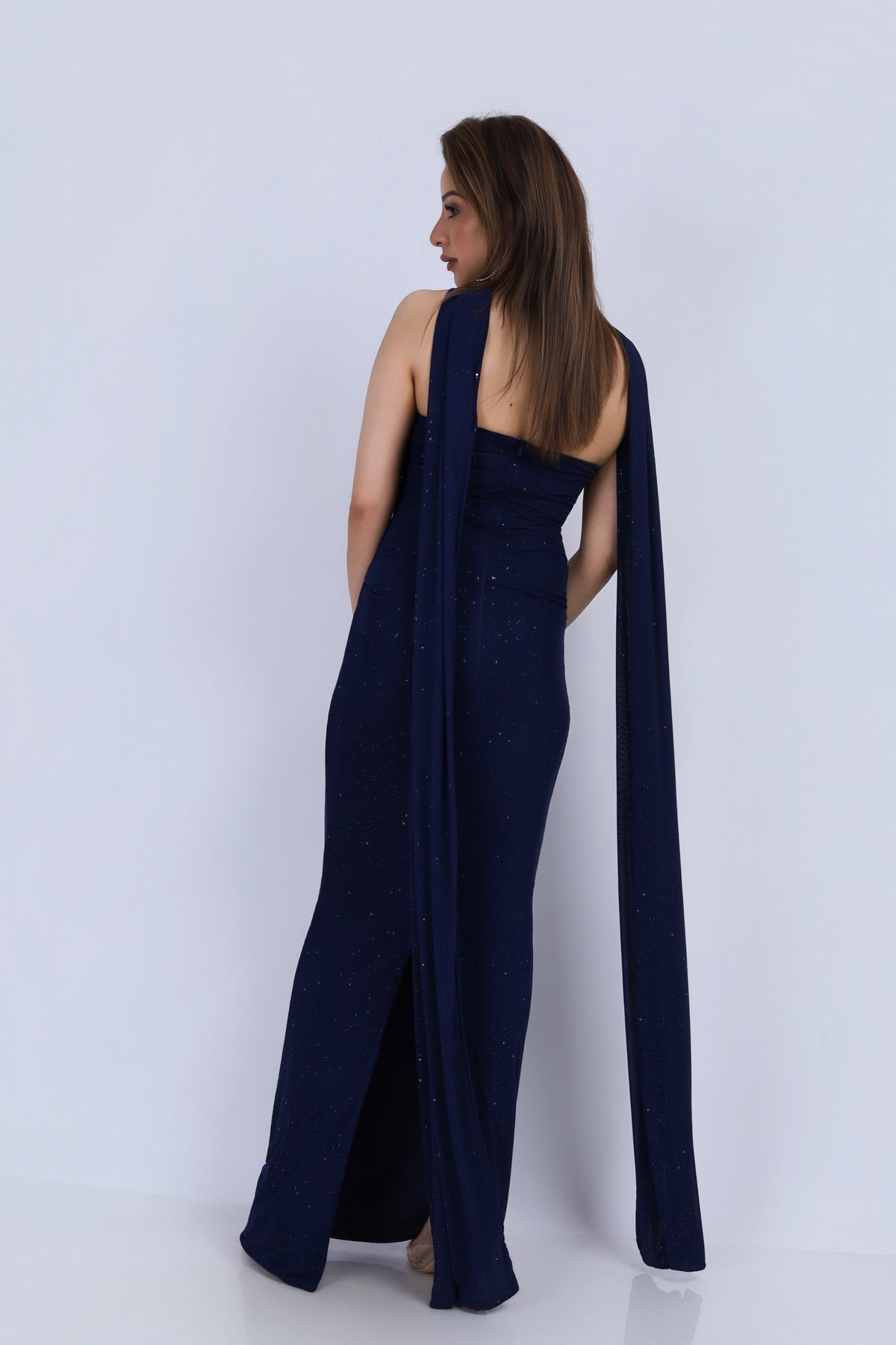 Shimmer Tube Gown with Dupatta - Navy Blue