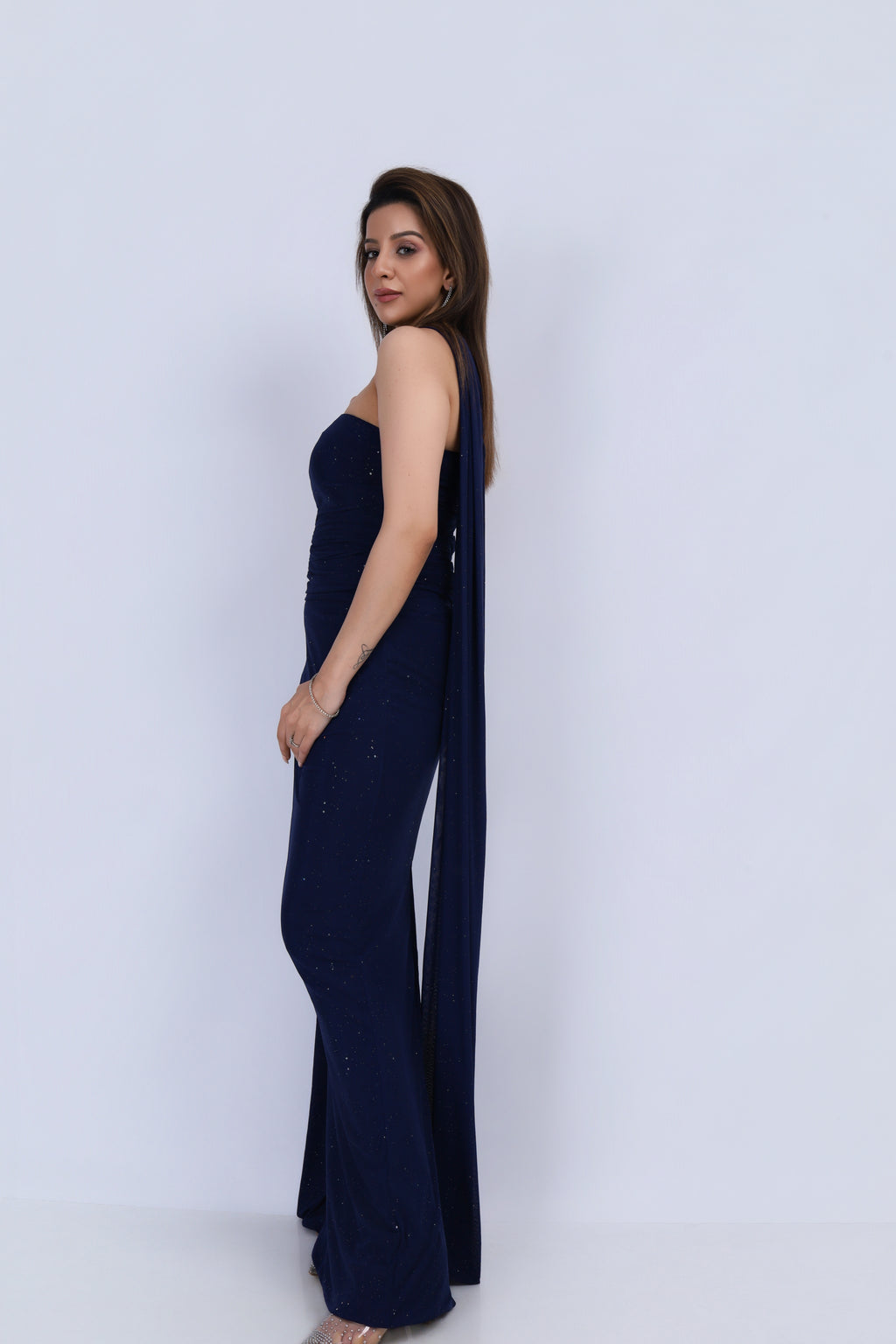 Shimmer Tube Gown with Dupatta - Navy Blue