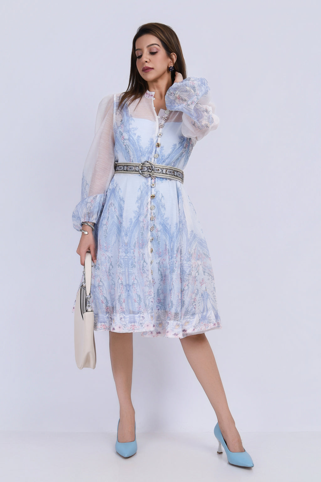 Printed Organza Midi Dress with Belt - Blue