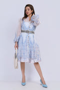 Printed Organza Midi Dress with Belt - Blue
