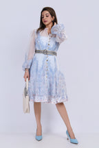 Printed Organza Midi Dress with Belt - Blue