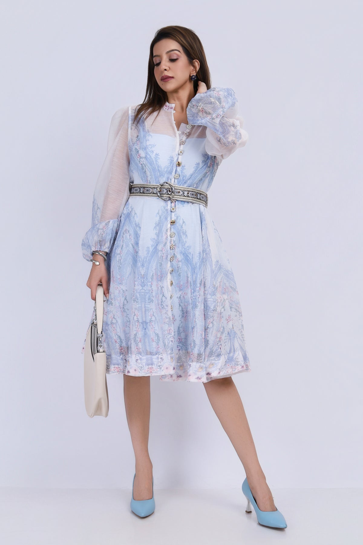 Printed Organza Midi Dress with Belt - Blue