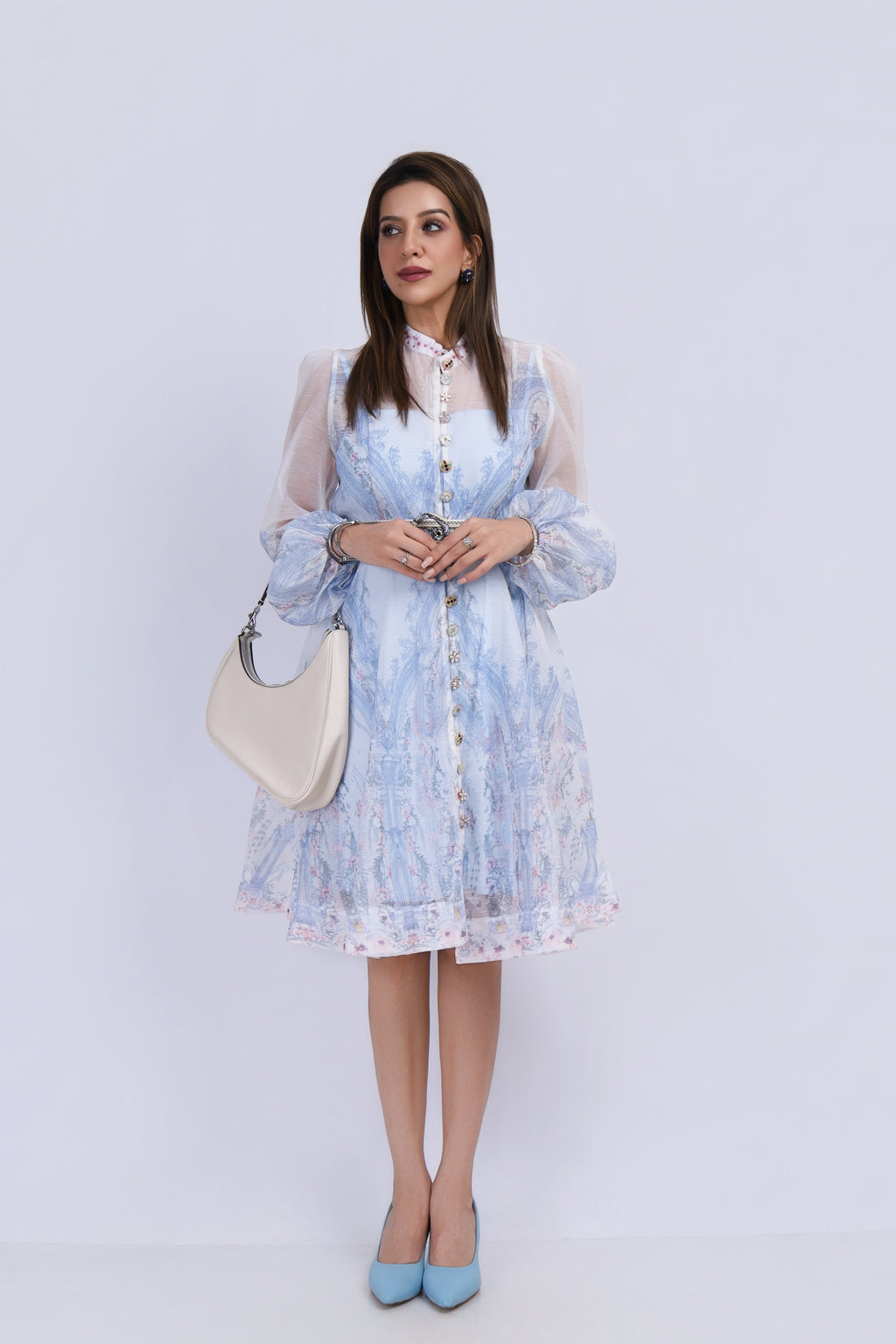 Printed Organza Midi Dress with Belt - Blue
