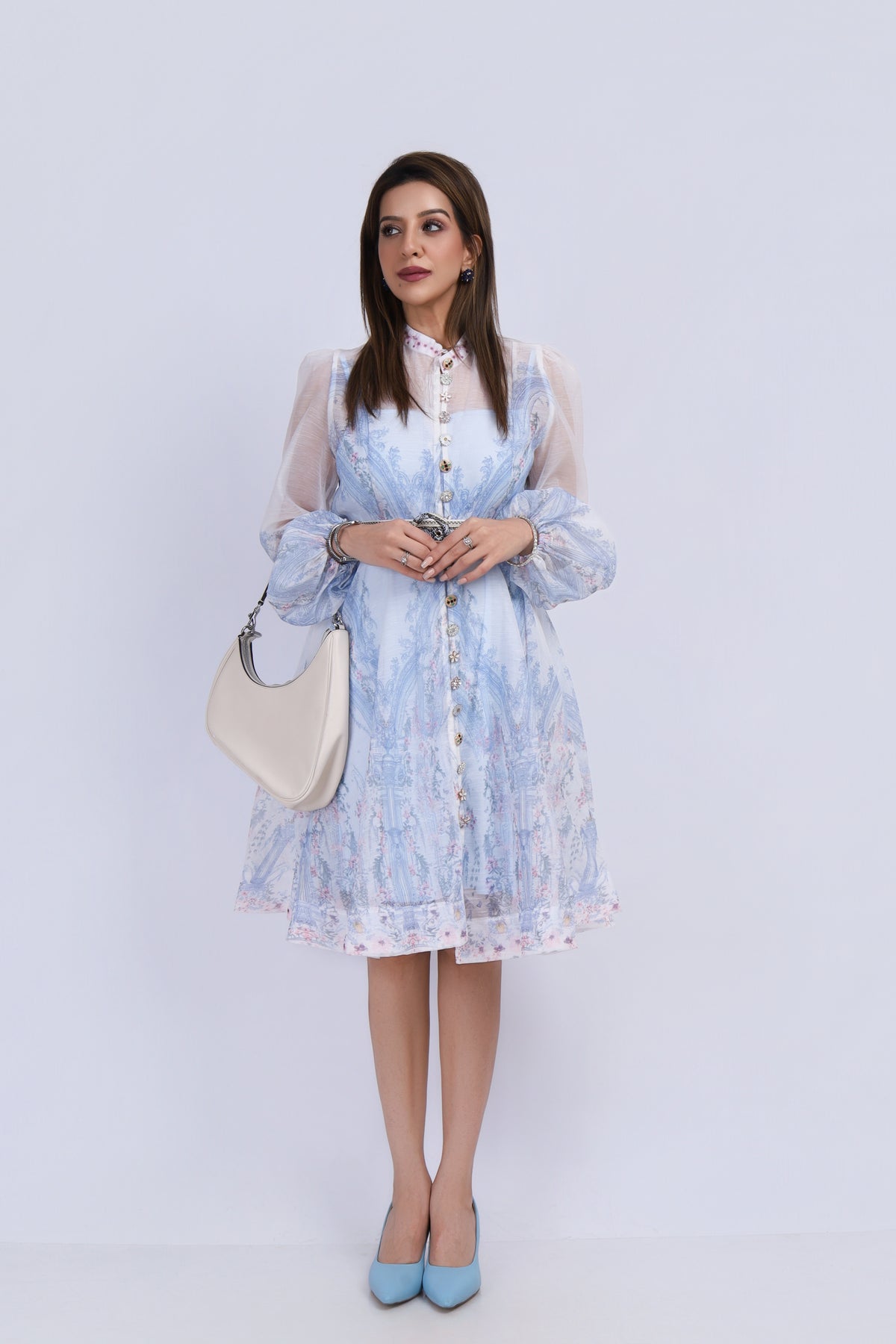 Printed Organza Midi Dress with Belt - Blue