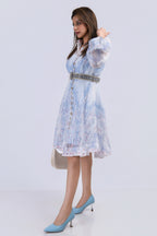 Printed Organza Midi Dress with Belt - Blue