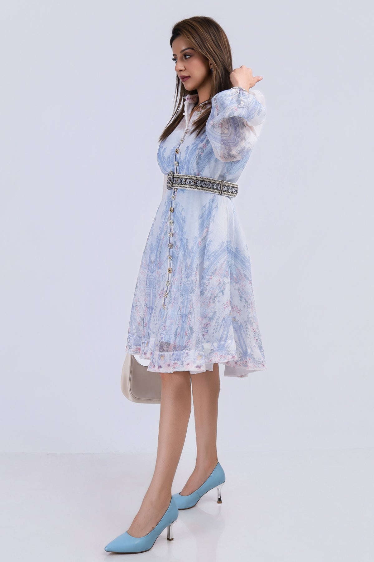 Printed Organza Midi Dress with Belt - Blue