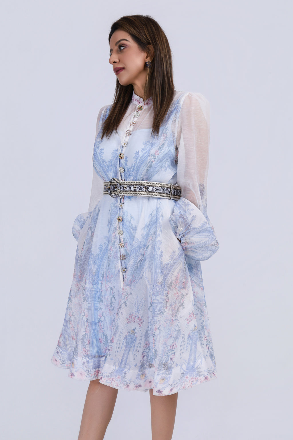 Printed Organza Midi Dress with Belt - Blue