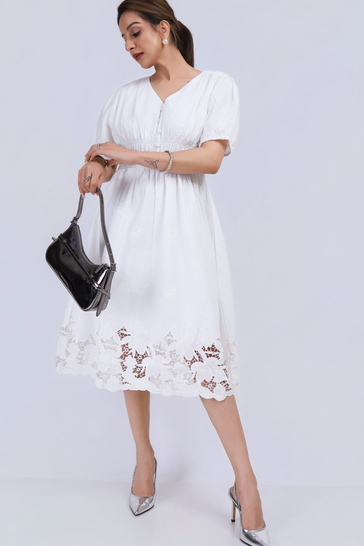 Cotton White embroidered dress - White