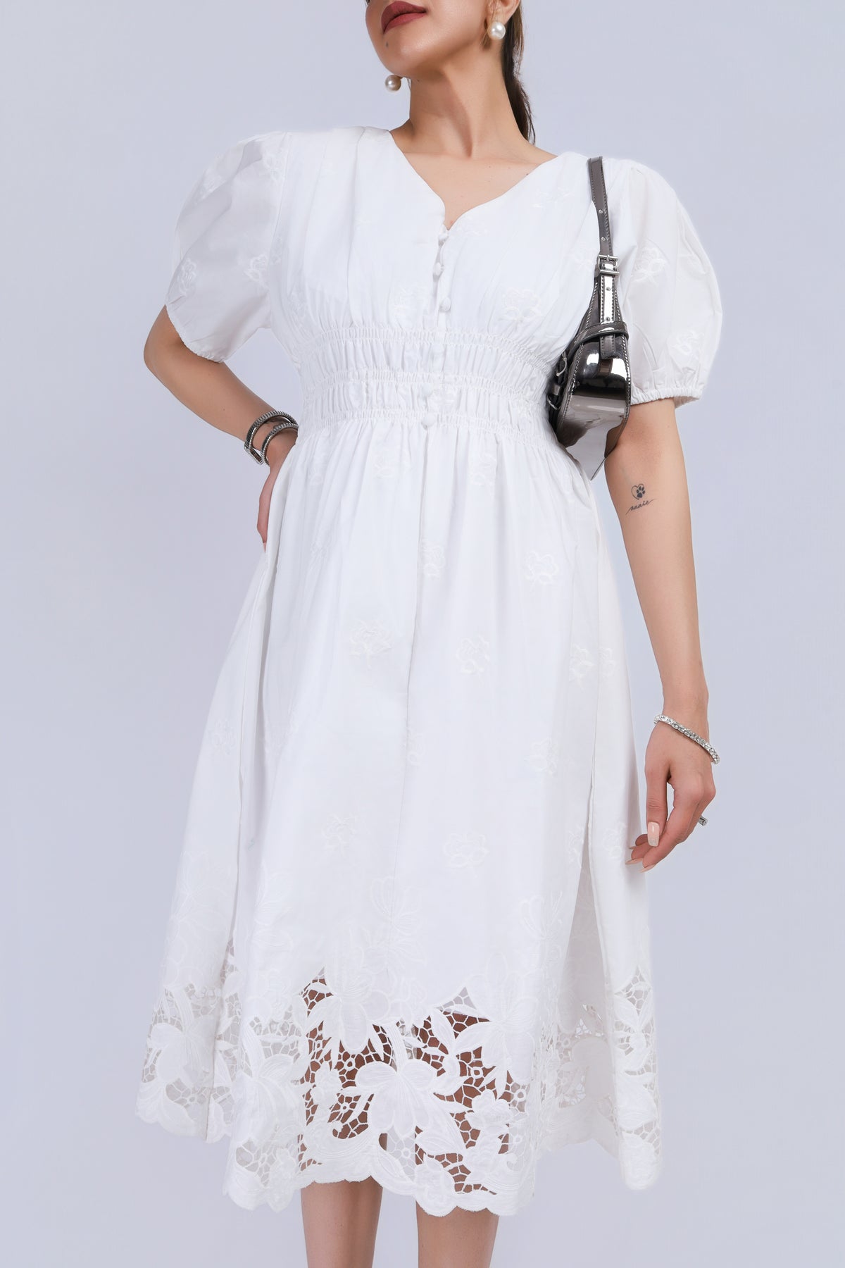 Cotton White embroidered dress - White
