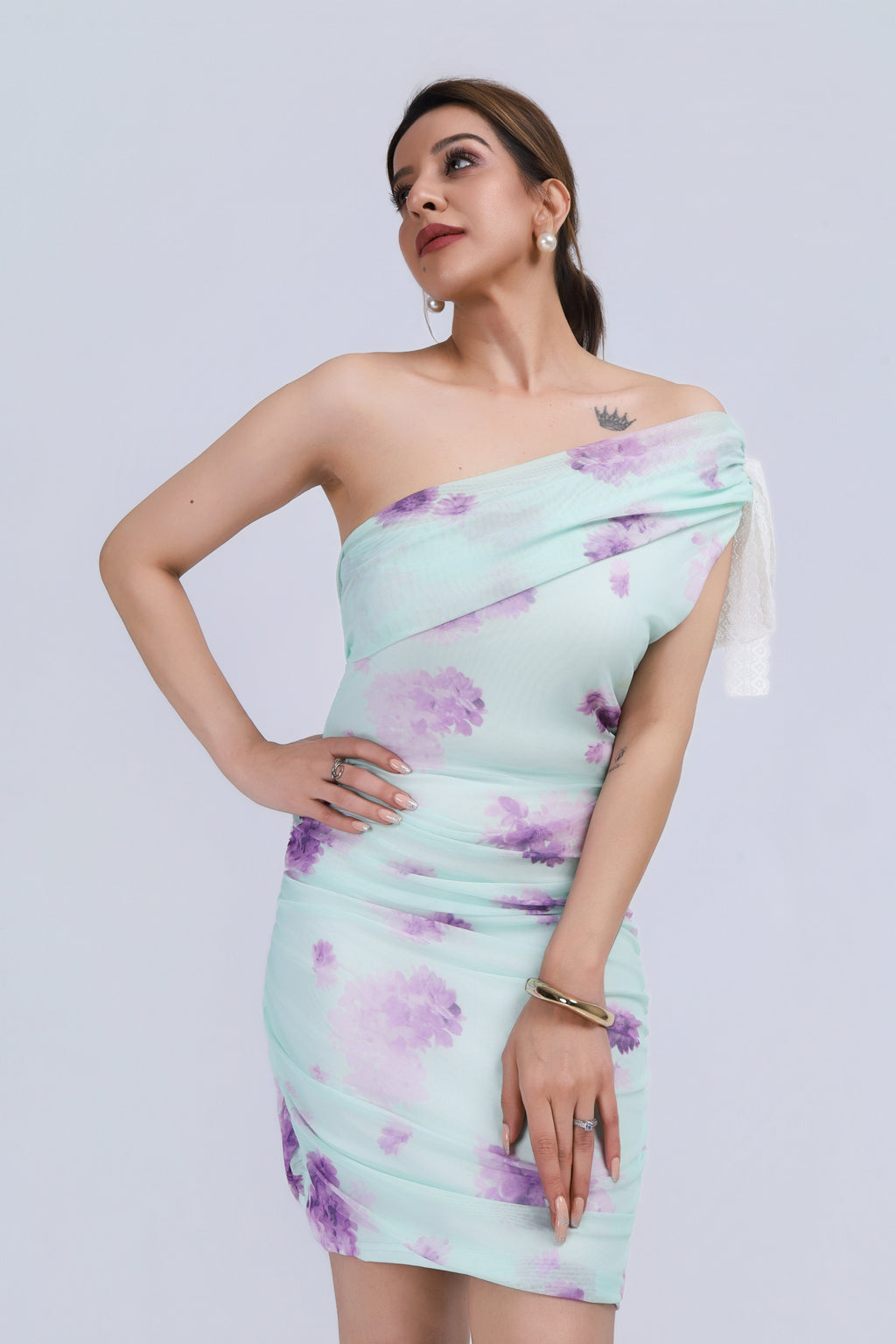 Floral Off-Shoulder Ruched Mini Dress - Green
