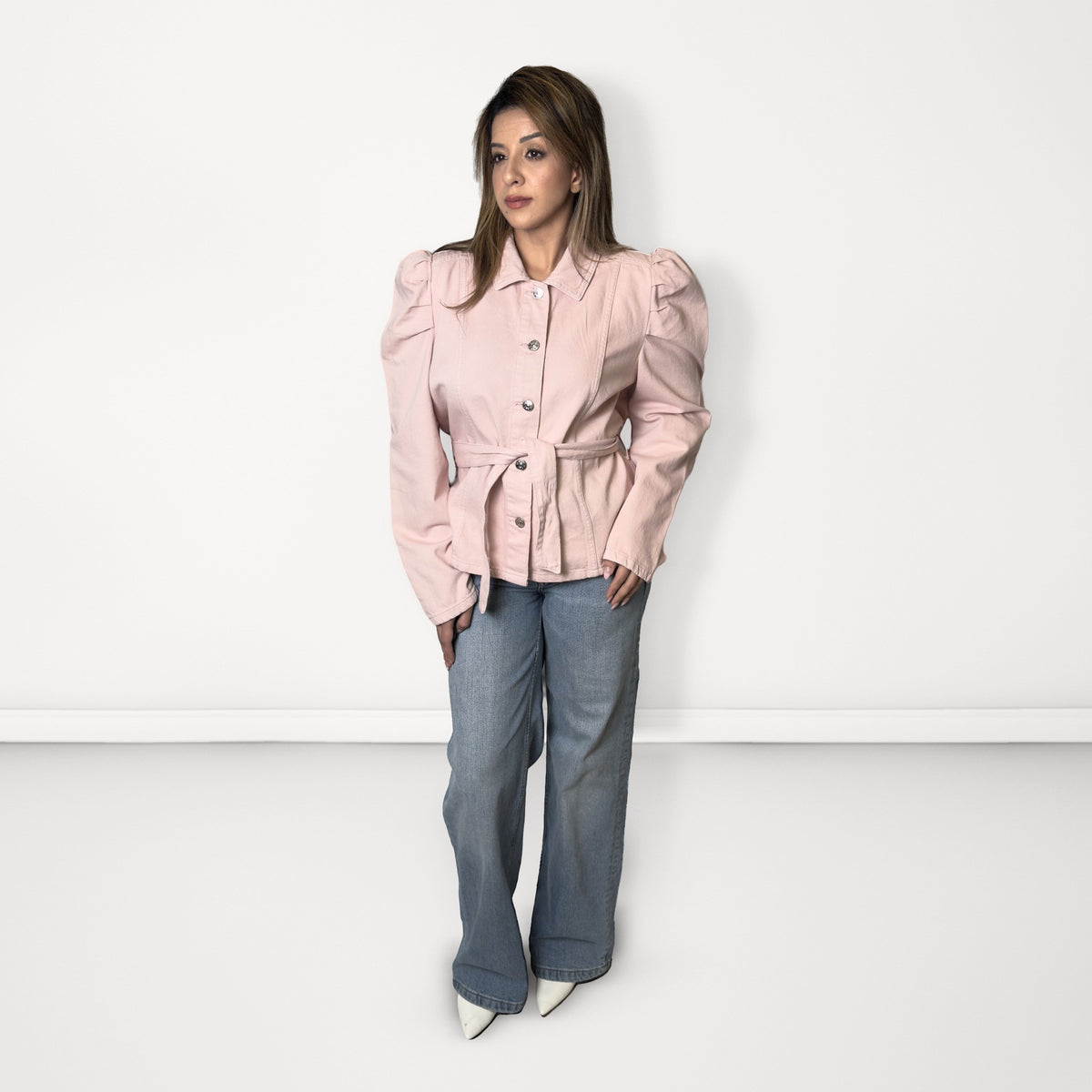 Belted Puff-Sleeve Jacket - Light Pink