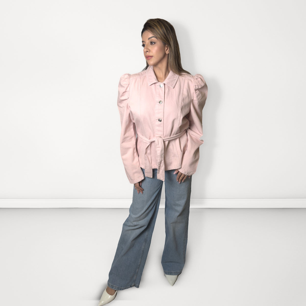 Belted Puff-Sleeve Jacket - Light Pink