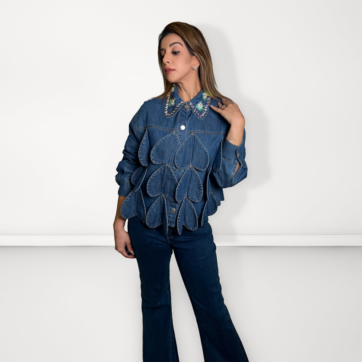 Embellished Denim 'Heart' Jacket - Light Blue