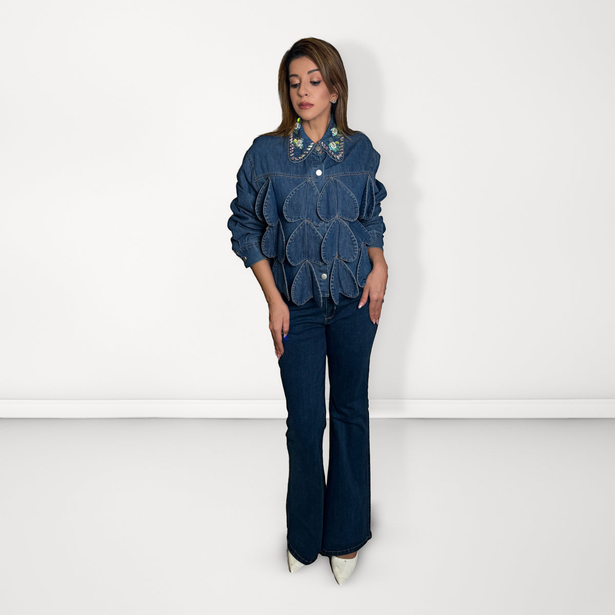 Embellished Denim 'Heart' Jacket - Light Blue