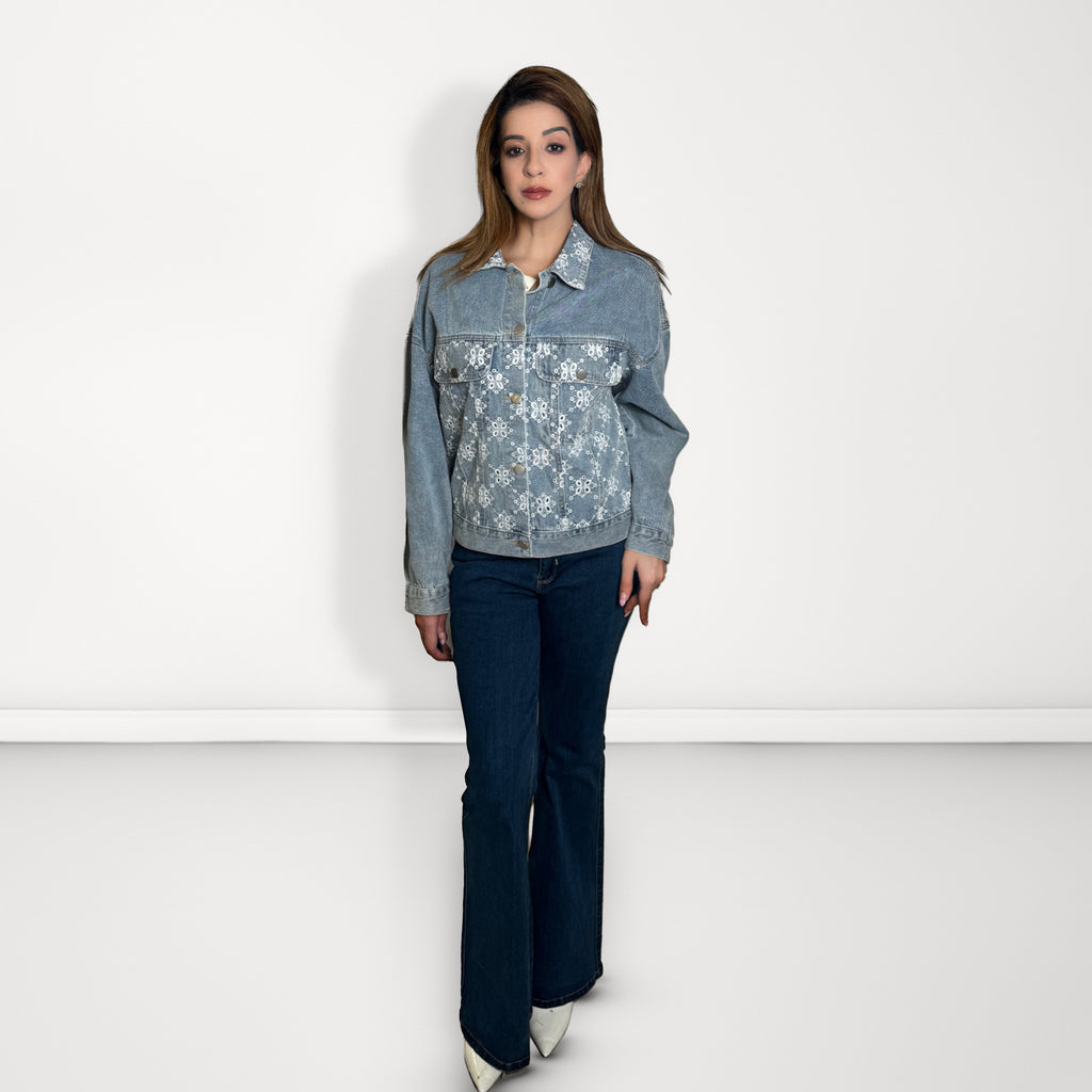 Embroidered Cutwork Denim Jacket - Light Blue