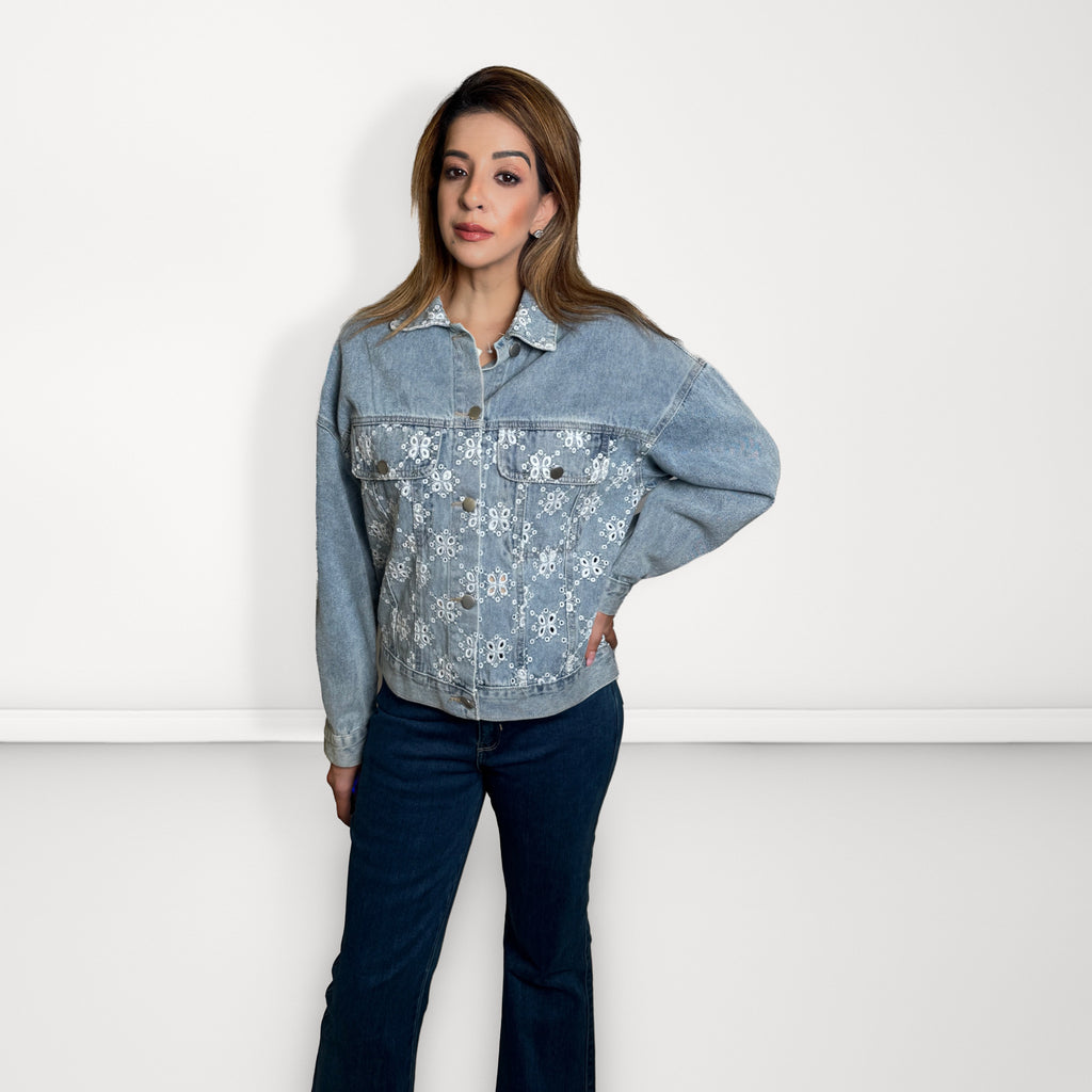 Embroidered Cutwork Denim Jacket - Light Blue