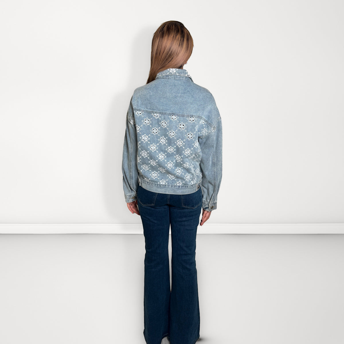 Embroidered Cutwork Denim Jacket - Light Blue