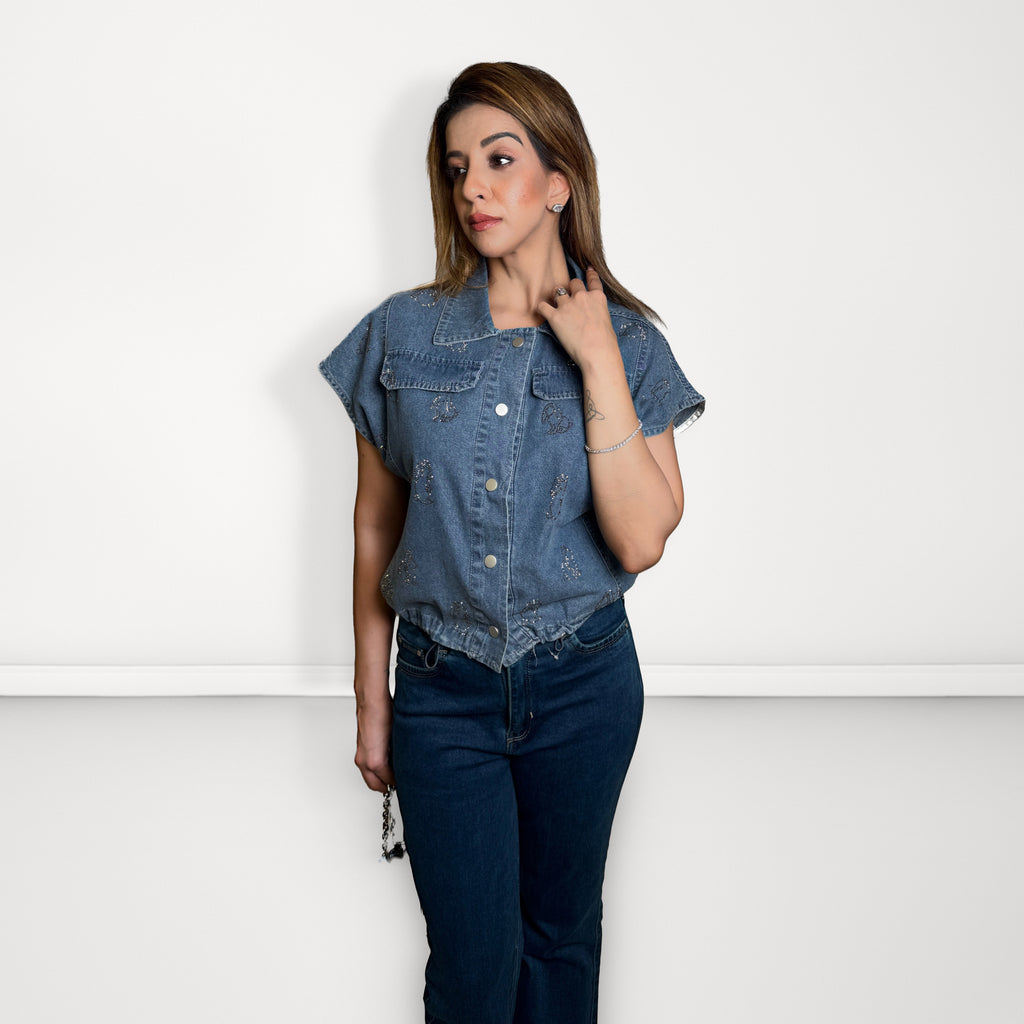 Sequin Shirt Sleeveless Jacket - Medium Blue