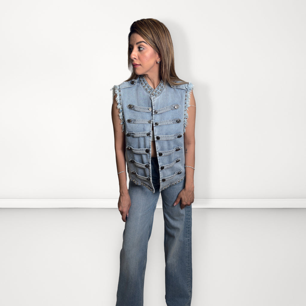 Studded Open-Front Denim Jacket - Light Blue