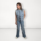 Studded Open-Front Denim Jacket - Light Blue