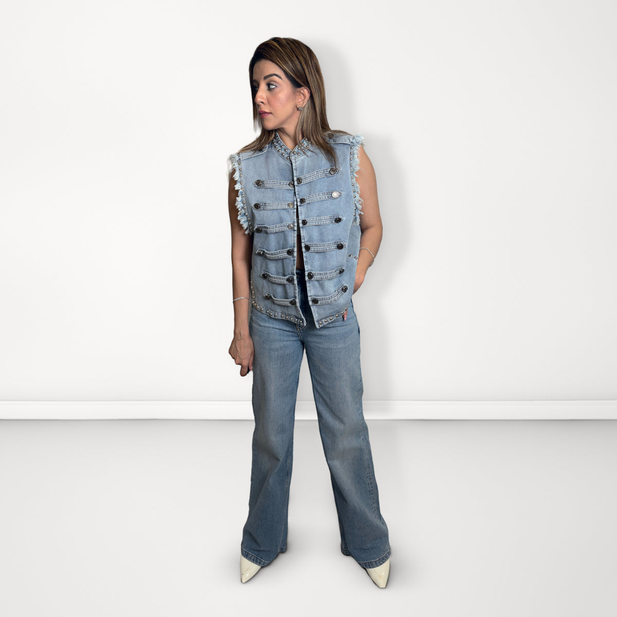 Studded Open-Front Denim Jacket - Light Blue