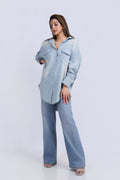 Rhinestone Detail Denim Shirt - Washed Light Blue
