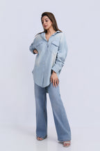 Rhinestone Detail Denim Shirt - Washed Light Blue
