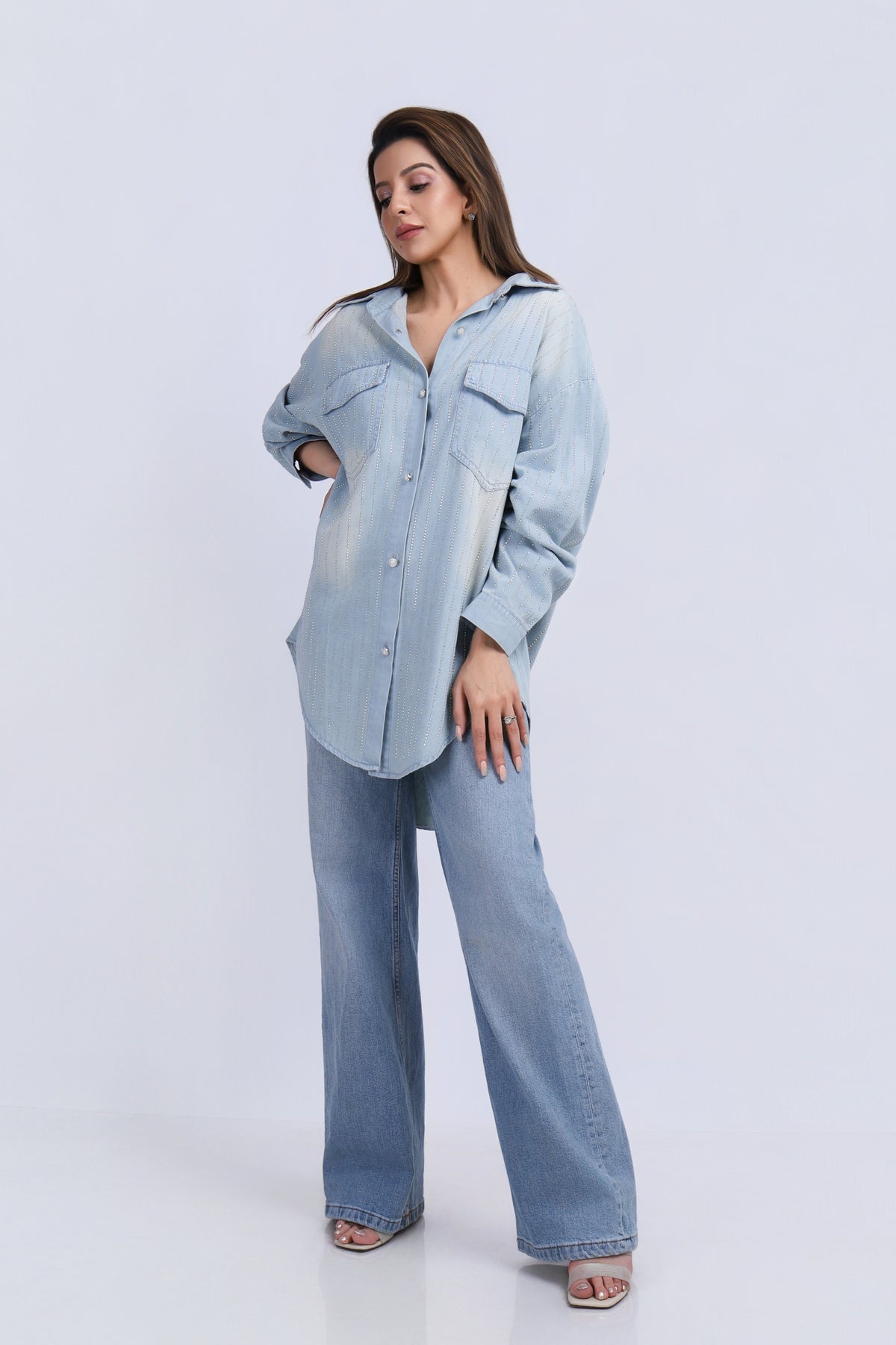 Rhinestone Detail Denim Shirt - Washed Light Blue