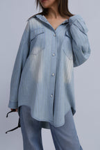 Rhinestone Detail Denim Shirt - Washed Light Blue