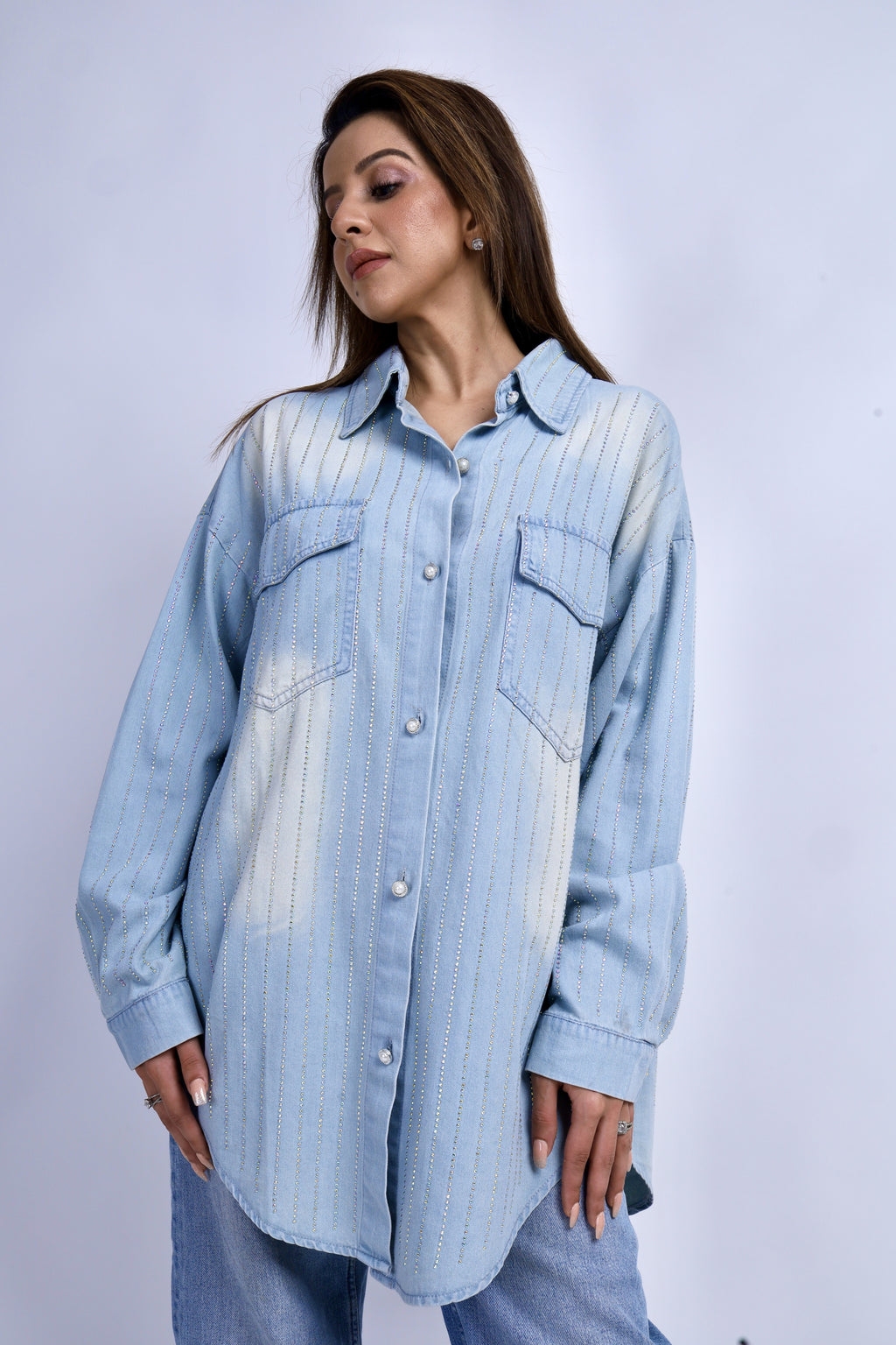 Rhinestone Detail Denim Shirt - Washed Light Blue