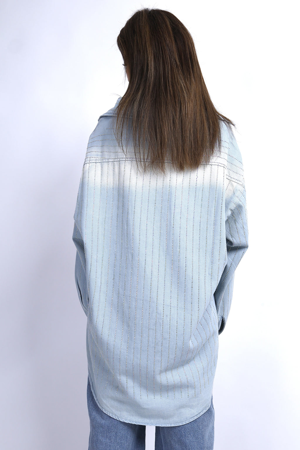 Rhinestone Detail Denim Shirt - Washed Light Blue