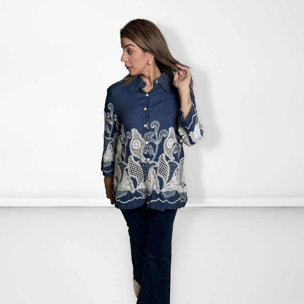 Embroidered Denim Shirt - Dark Blue