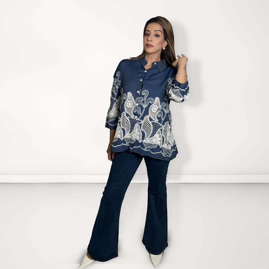 Embroidered Denim Shirt - Dark Blue