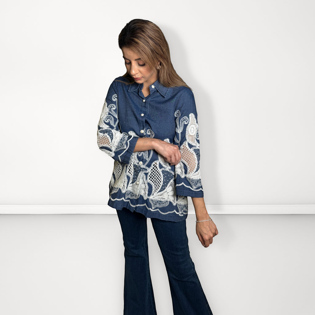 Embroidered Denim Shirt - Dark Blue