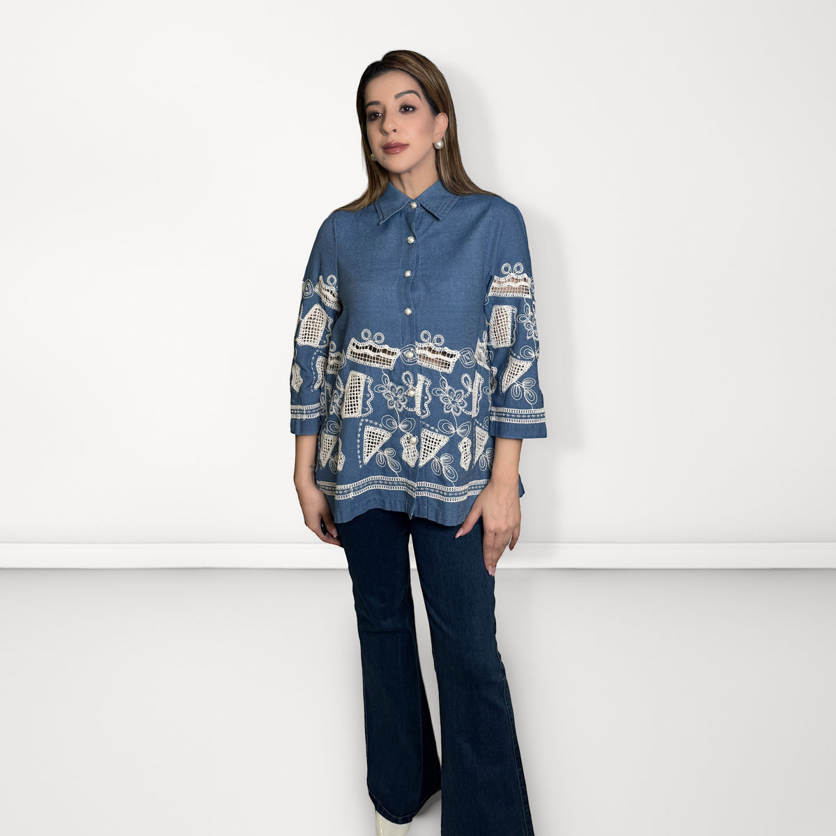 Embroidered Denim Shirt - Medium Blue