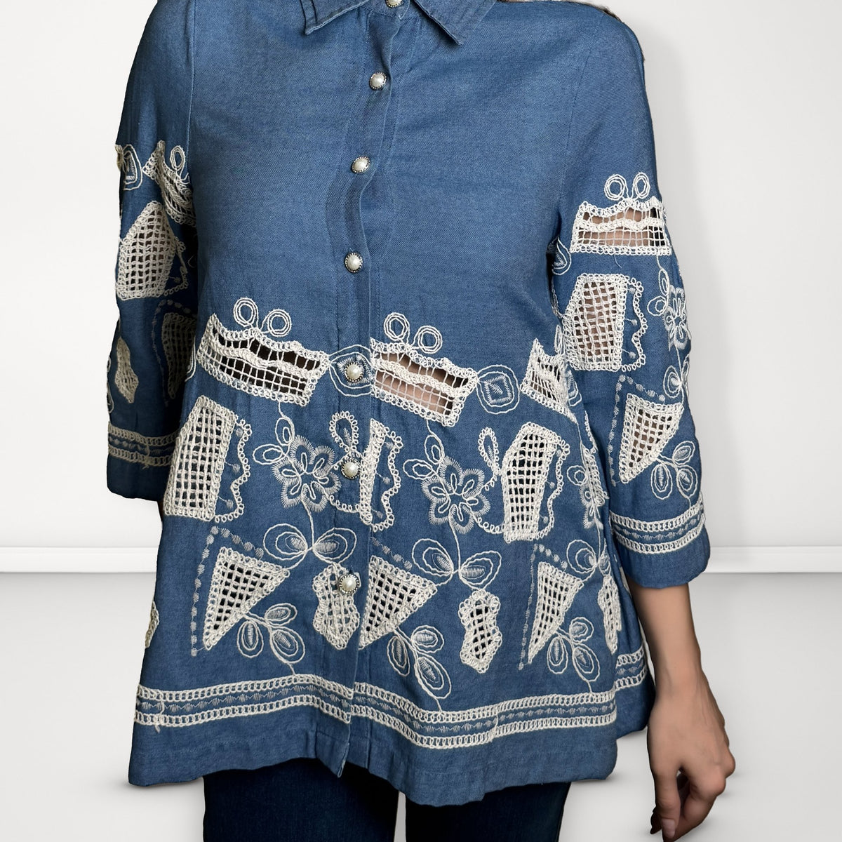 Embroidered Denim Shirt - Medium Blue