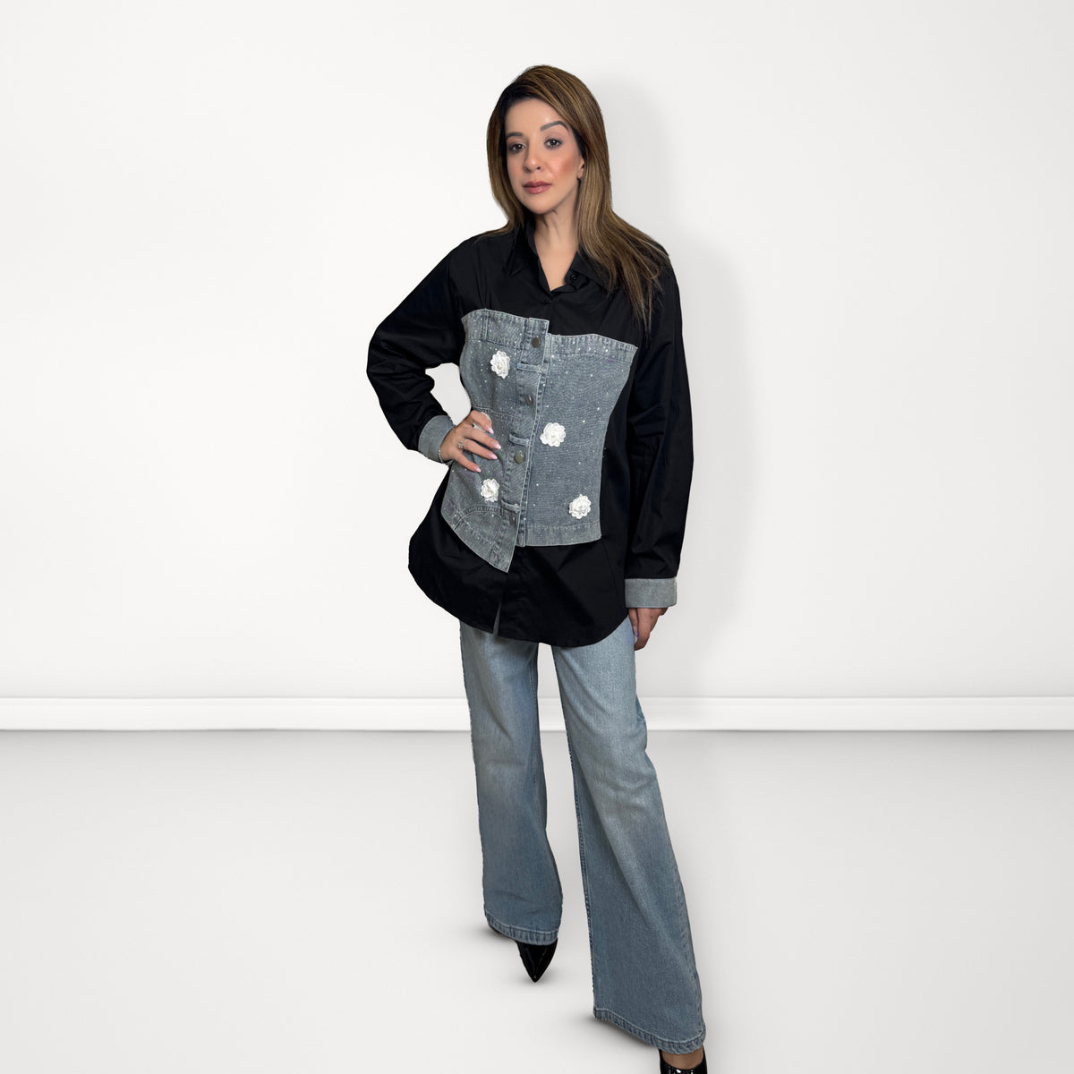Denim Corset Panel Shirt - Black