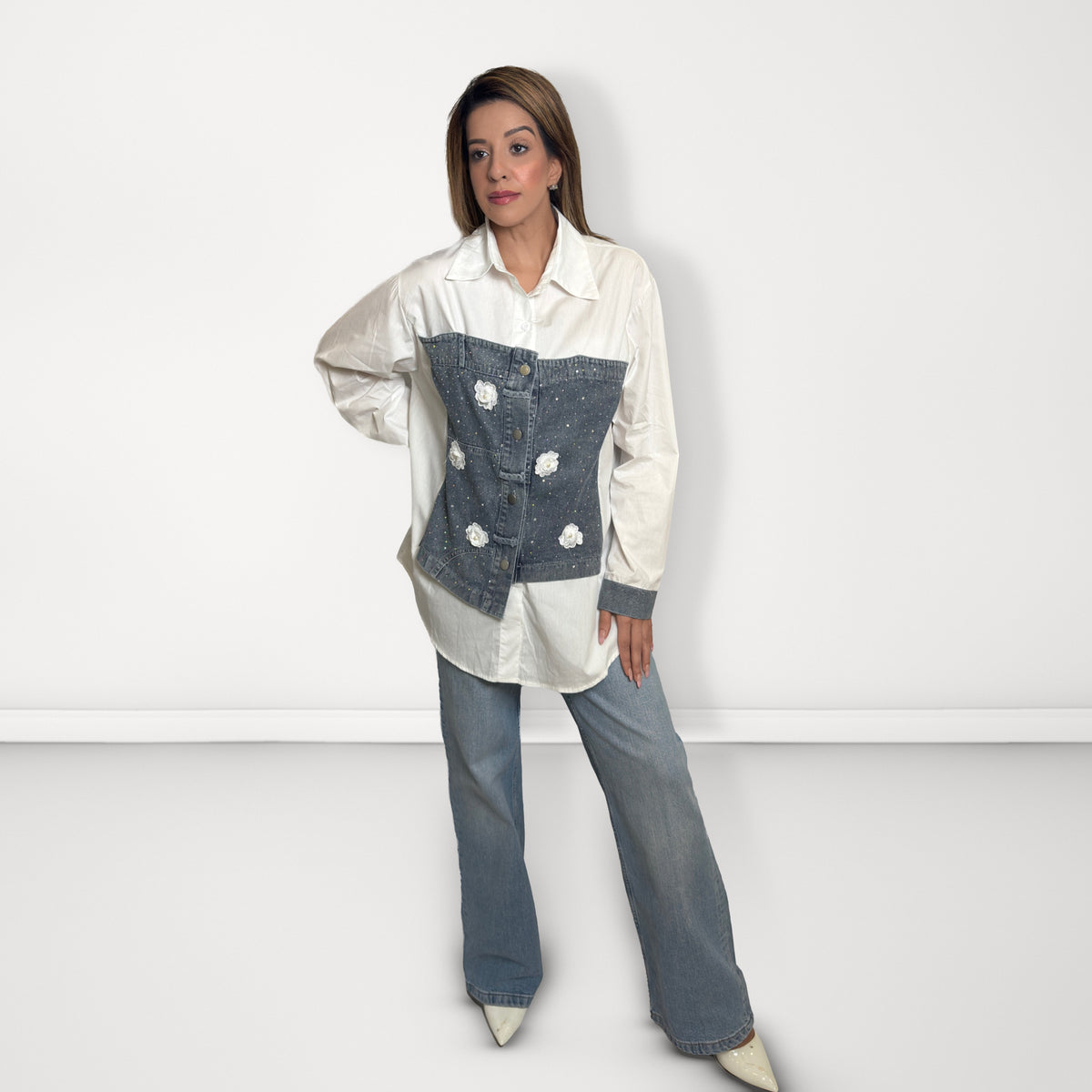 Denim Corset Panel Shirt - White