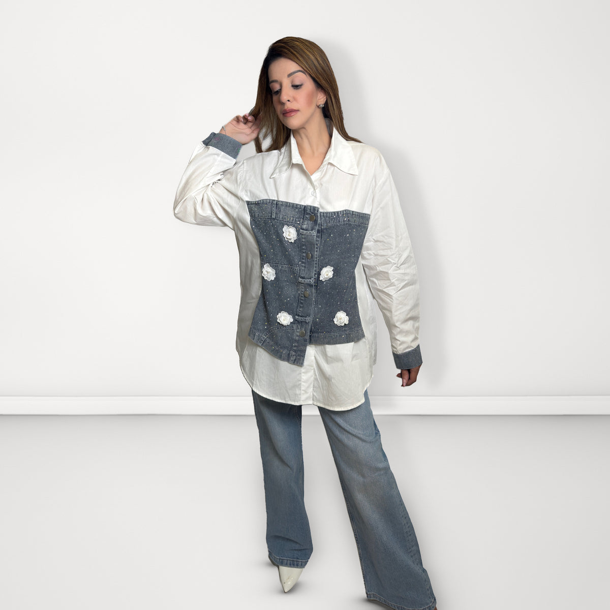 Denim Corset Panel Shirt - White