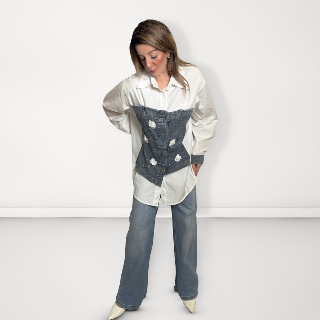 Denim Corset Panel Shirt - White