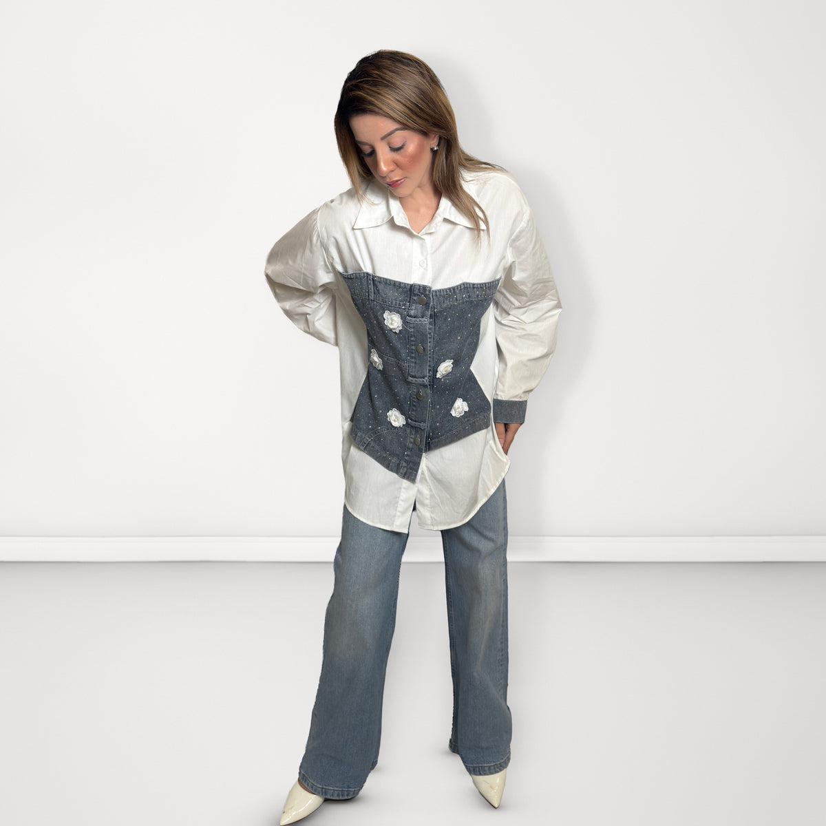 Denim Corset Panel Shirt - White