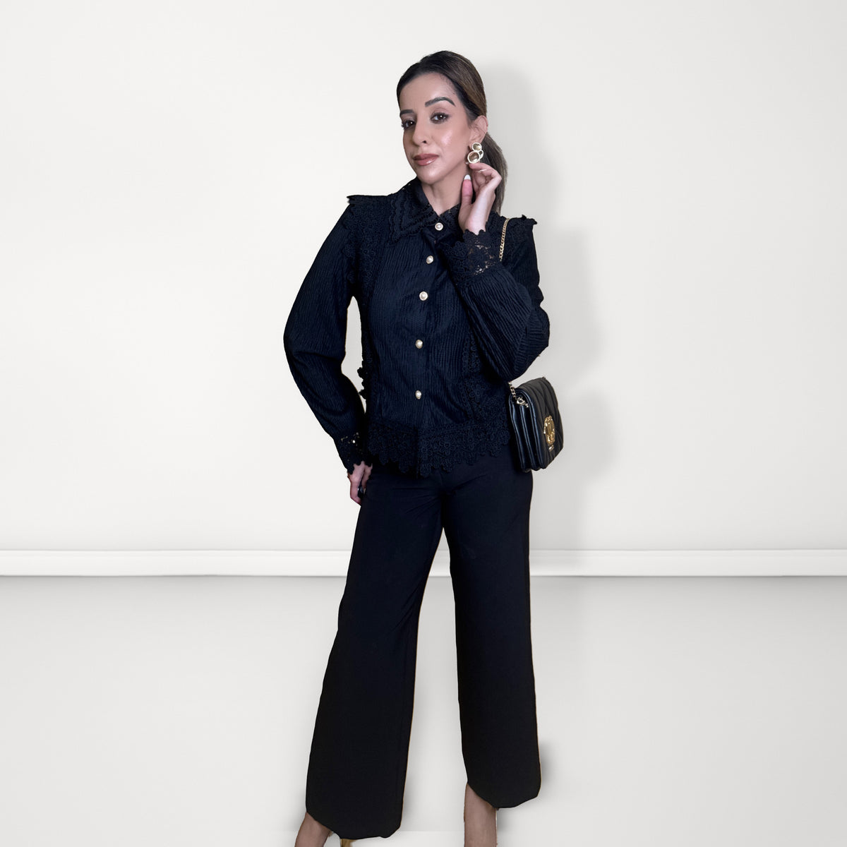 Lace Panel Pleated Shirt - Black