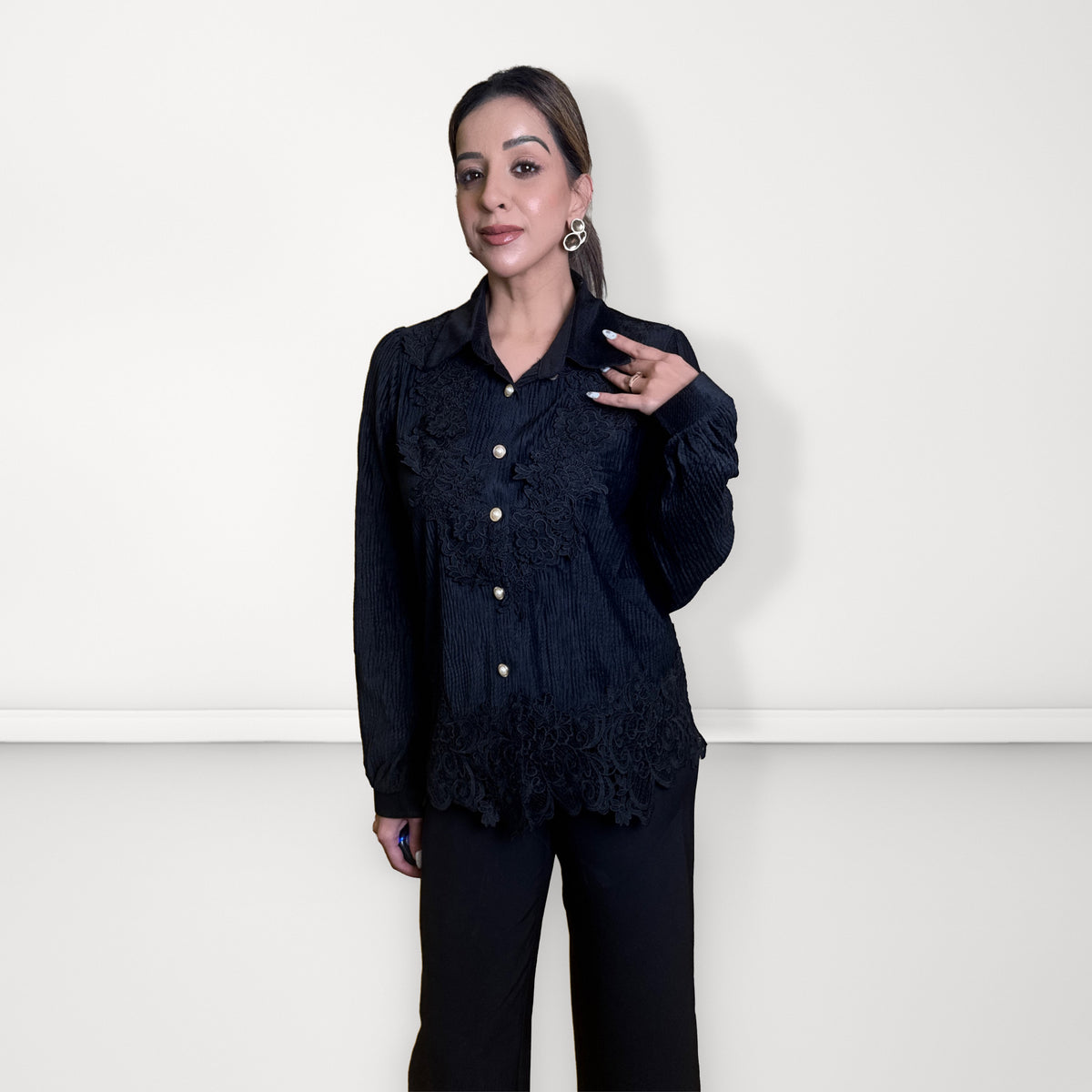 Lace Panel Pleated Shirt - Black