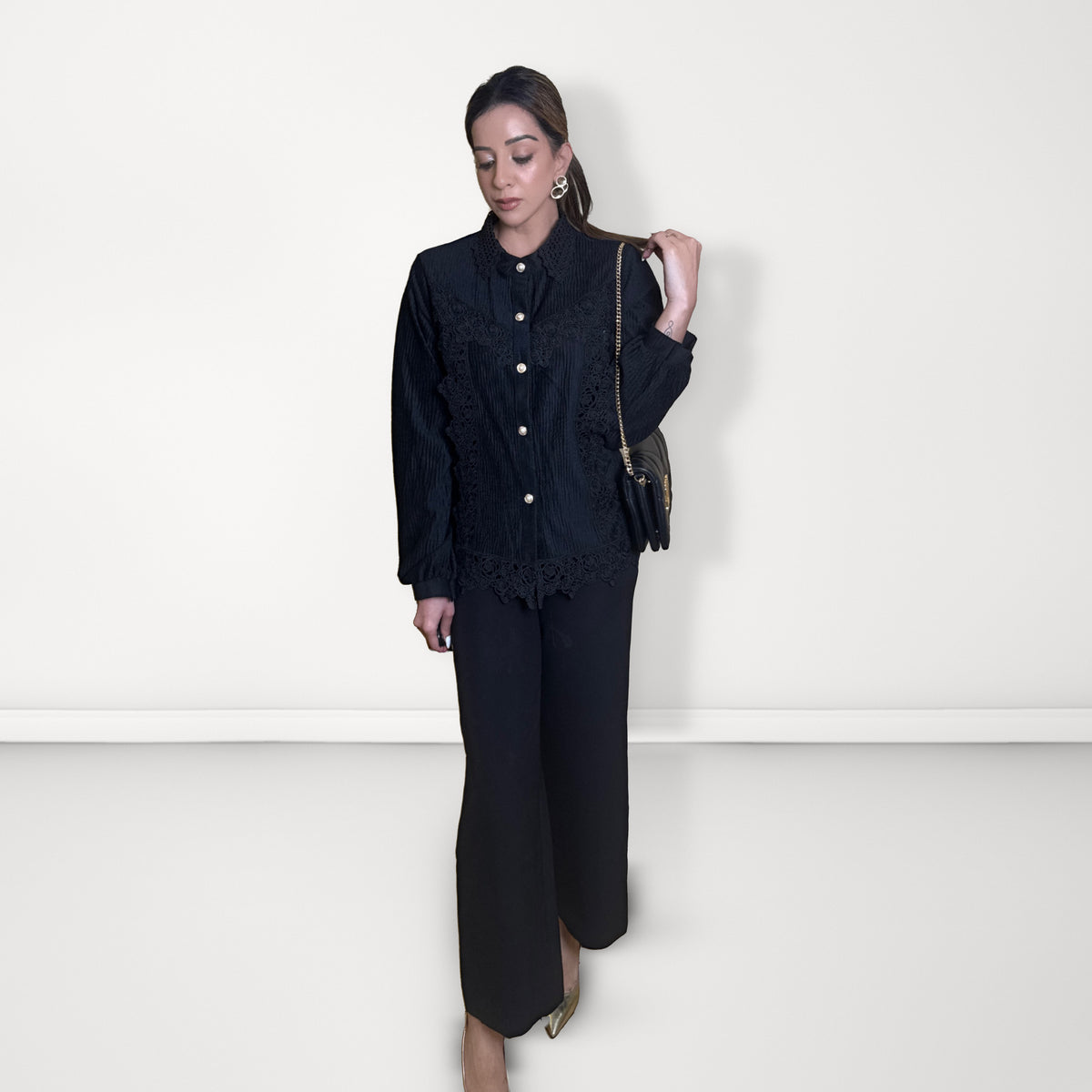 Lace Panel Pleated Shirt - Black
